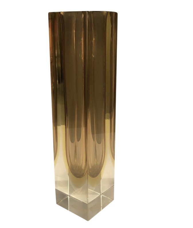 Italian Mid-Century Hand Blown Vase: Mid-Century handblown murano glass vase in yellow shadeVery good. No chips.Dimensions: base square 2” x 2” inchesHeight: 8.5” inches