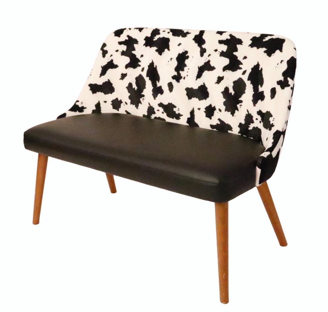 Mid Century Contemporary Curated Loveseat: Mid-Century contemporary Retro curated loveseat cowhide and black vinylW44” x D24” x H32” inches Seat height: 18” inches