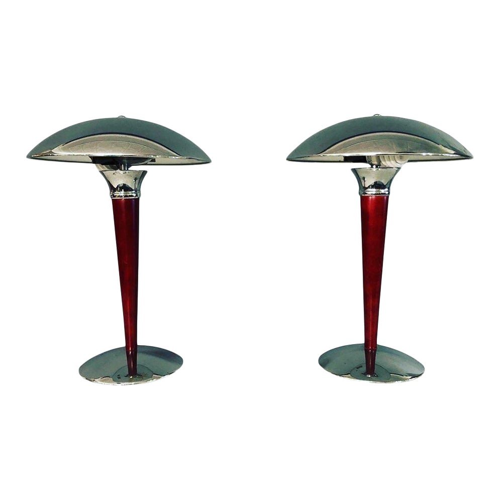 Art Deco Pair Table Lamp With Chrome Shade and Wood Pol (1 of 3)