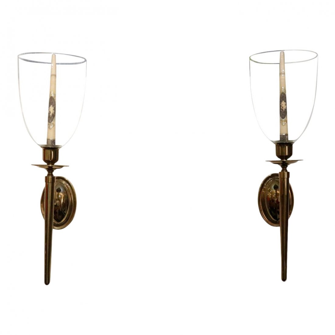 Mid-Century Polish Brass Candleholder Wall Scones: Mid-century pair candleholder wall scones with glass shade polish brassDimensions: glass shade diameter: 7” inches Total height: 23” inchesThe painting in the picture is just to show the scale.