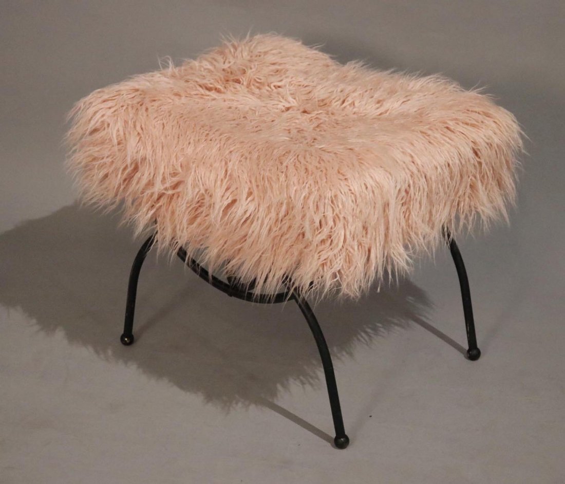 Curated pink faux fur on a mid-Century base ottoman (1 of 3)