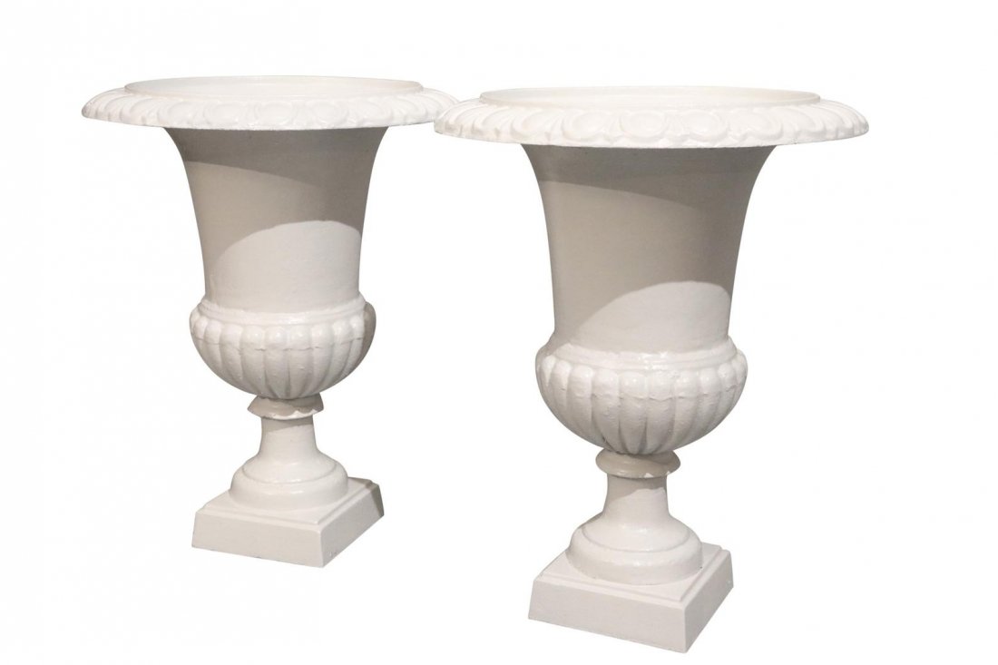 Art Deco pair cast iron planters pots enameled white (1 of 6)