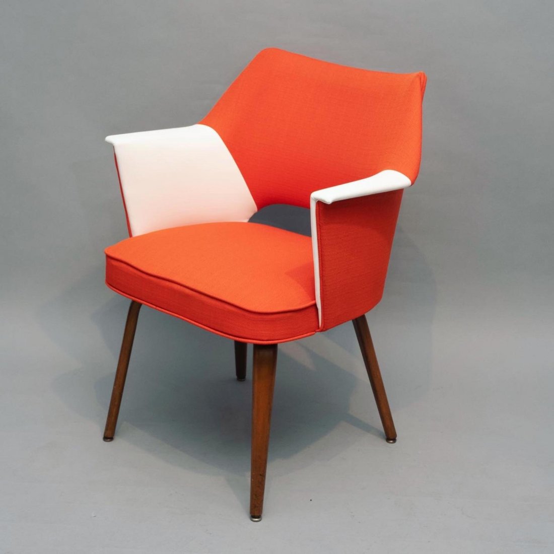 Mid century curated arm lounge chair with new upholster: Mid century curated arm lounge chair with new upholstery 1960s circa designer by “Thonet” Sturdy & solid walnut wood. Dimensions: Arm to Arm: 25”inches Deep 26” inches Back height: 31” inche