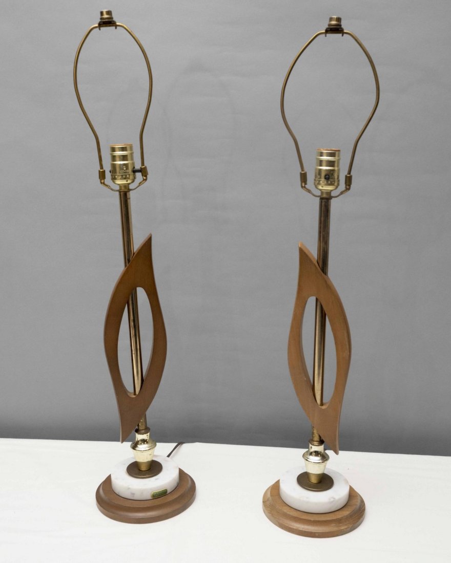 Mid-Century Italian pair of teak & marble lamps: Mid-Century Italian pair of teak and marble sculpture table lamps tested and working (no shades)Circle base diameter: 6” inches Height: 21” inches (without the harps)