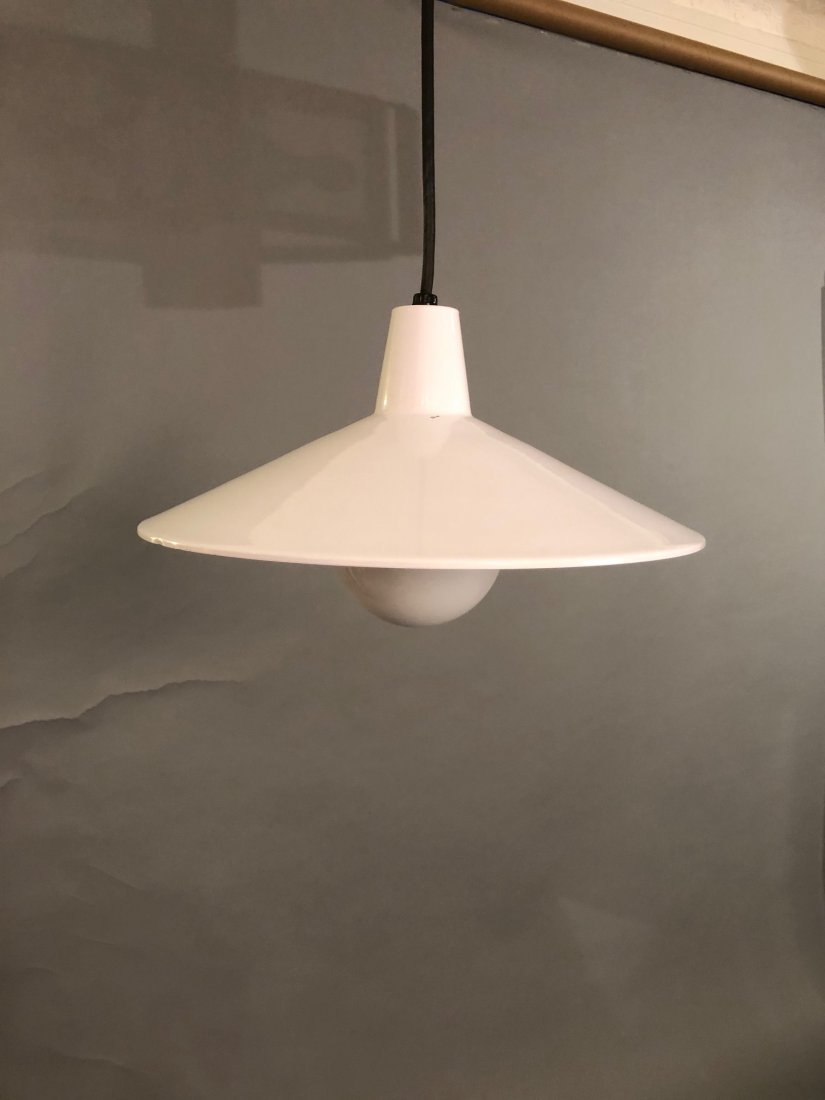 White Mid-Century Modern Ceiling Pendant Light: White Mid-Century Modern Ceiling Pendant Light Diameter: 15 in. 6 in. high