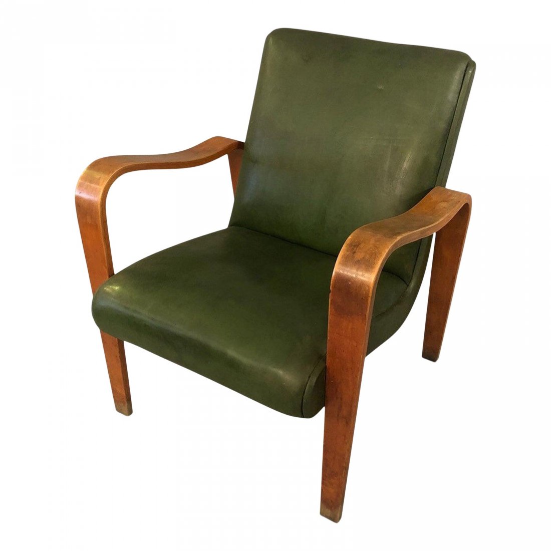Mid-Century Thonet Lounge Chair With Original Green: Mid-Century Bentwood Lounge Chair With Original Green Vinyl Upholstery 1960s designed by Thonet