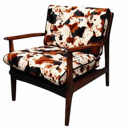 Mid-Century curated walnut danish arm chair cowhyd