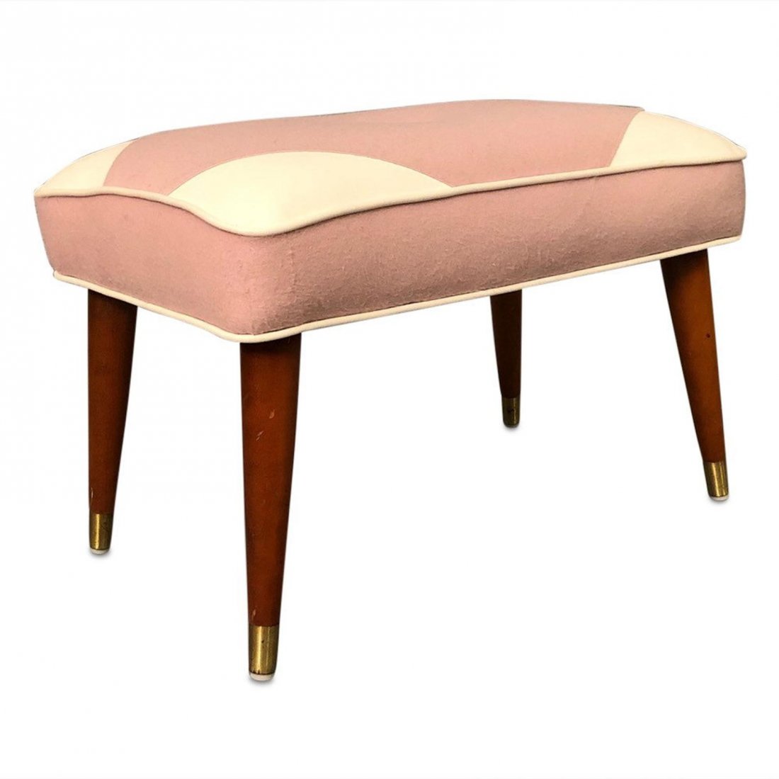 Mid-Century curated ottoman footstool with new pinkwool: Mid-Century curated ottoman footstool with new pink wool fabric and white vinyl detail circa: 1960s. 21W x 14.5D x 15H inches
