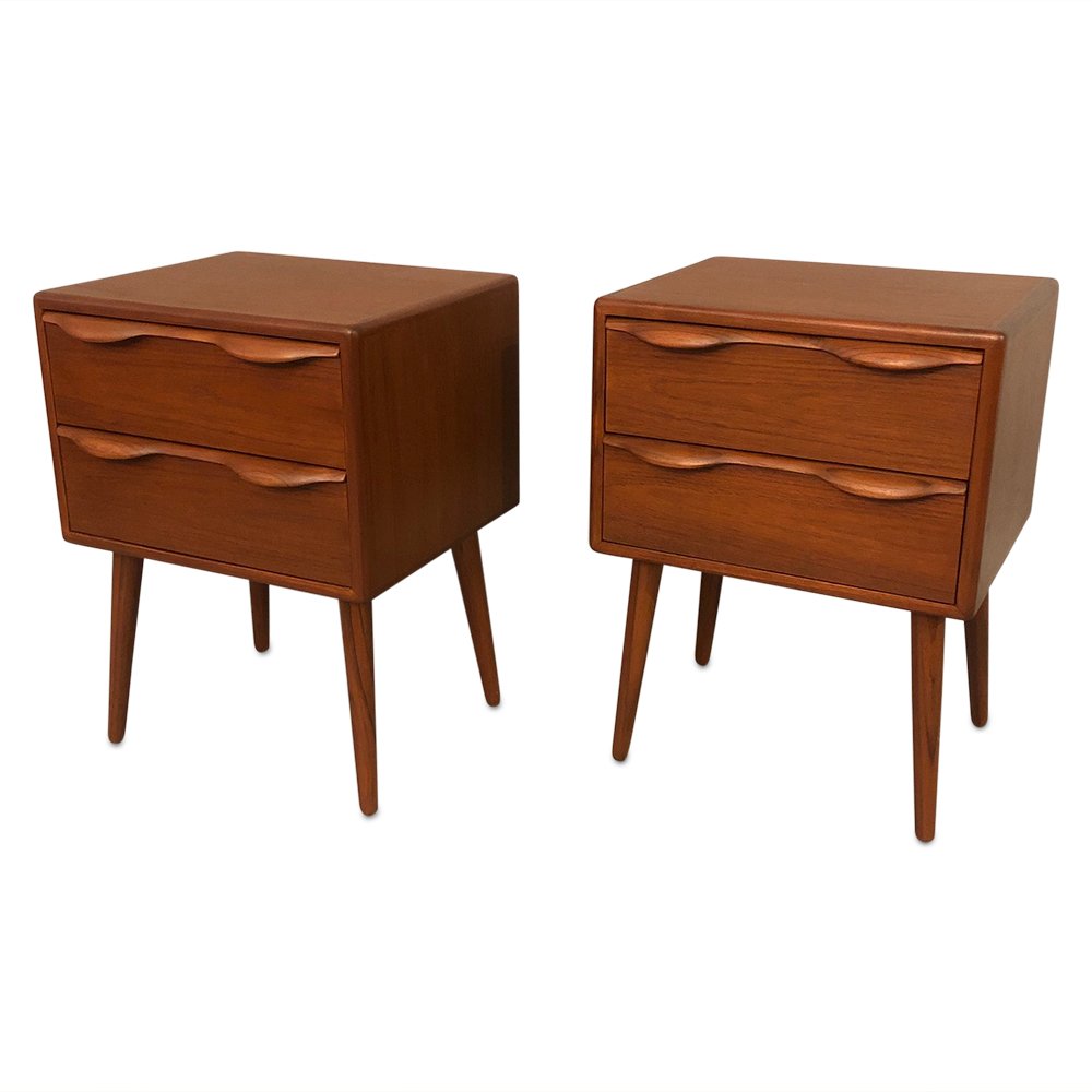 Mid-Century pair of danish teak nightstands with 2 draw: Mid-Century pair of danish teak nightstands with 2 drawers Dimensions: W16in. x D13in. x H21in. drawer height: 4in.