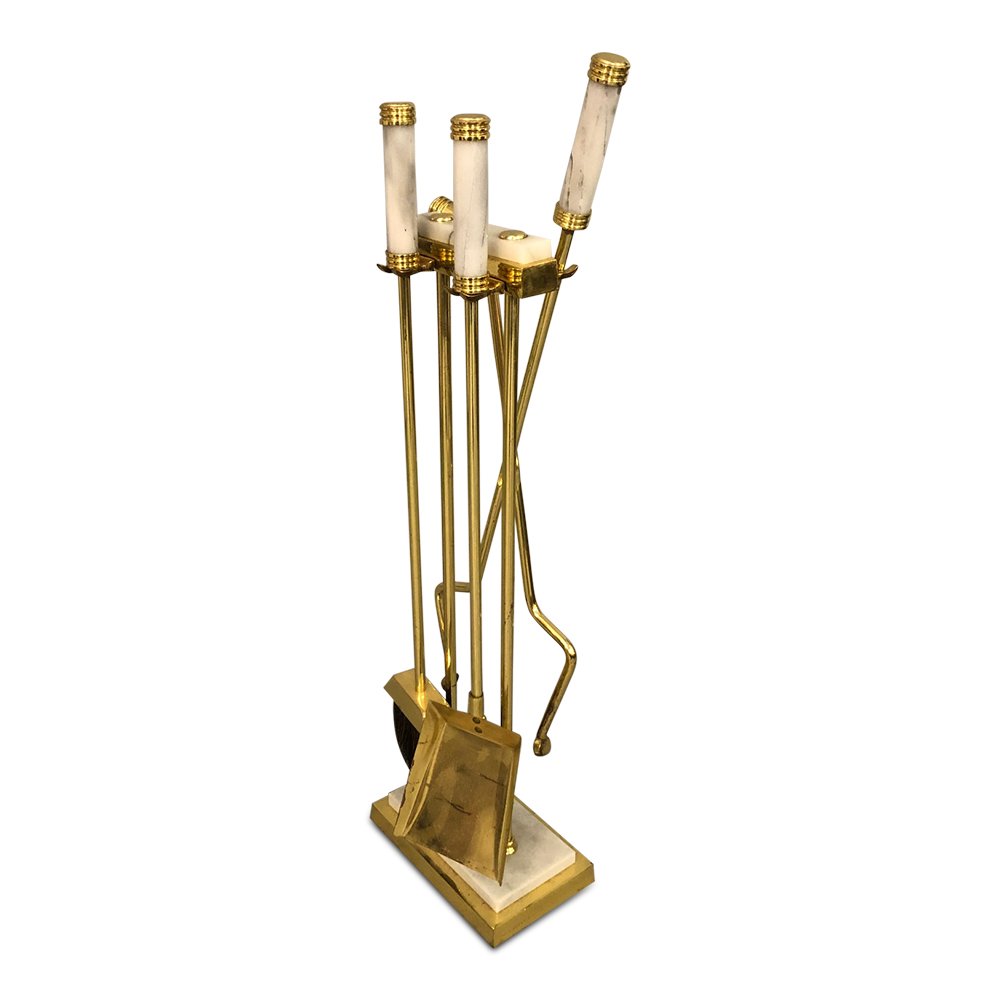 Mid-Century Fireplace tools: Mid-Century Fireplace tools brass & marble. 7w x 7d x 32h inches.