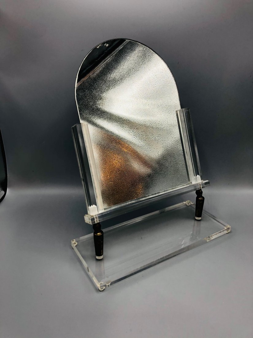 Lucite and Brass Mid Century Modern Table Mirror: Lucite and Brass Detailed Mid Century Modern Mirror with base for Table or Vanity. 12w x 5d x 16h inches.