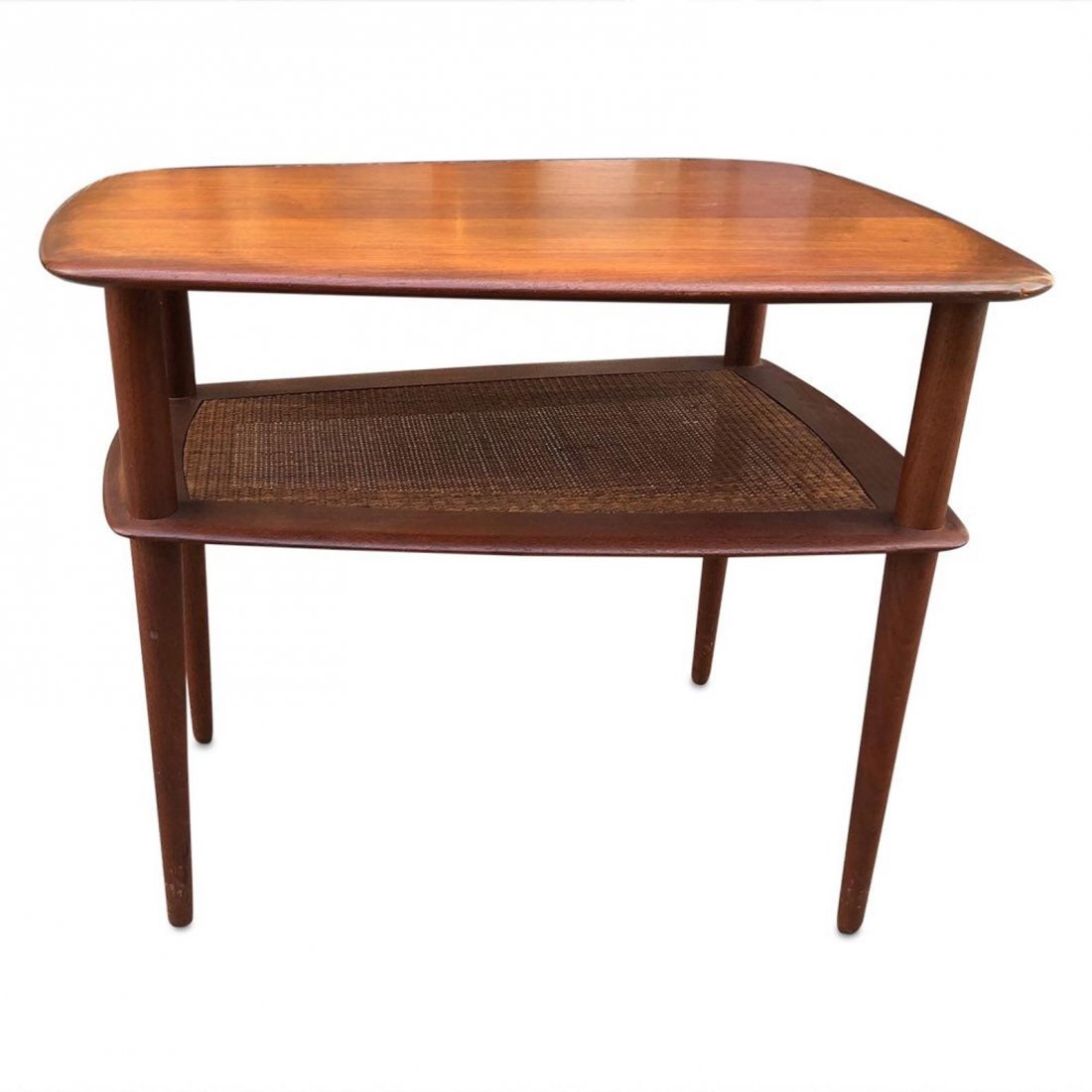 Peter Hvidt and Orla Mølgaard for France and Sons: Peter Hvidt and Orla Mølgaard for France and Sons Mid century teak 2 tiers end table oval shape with canning on the bottom 1960s circa. 20 inches width x 28 deep x 23 inches height.