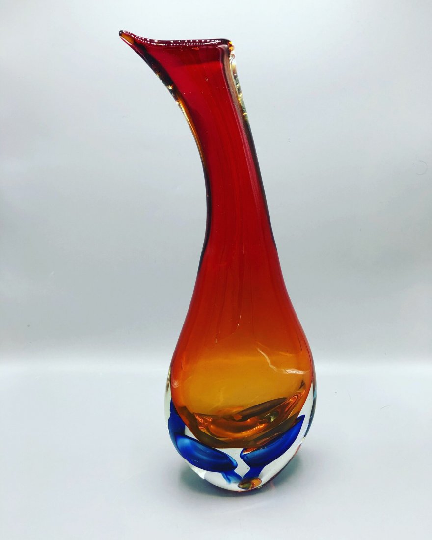 Mid century hand blown Murano art glass multicolored: Mid century hand blown Murano art glass multicolored tall stretched vaseBase: 3 inches Height: inches: 16.5 inches Top Opening: 2 inches