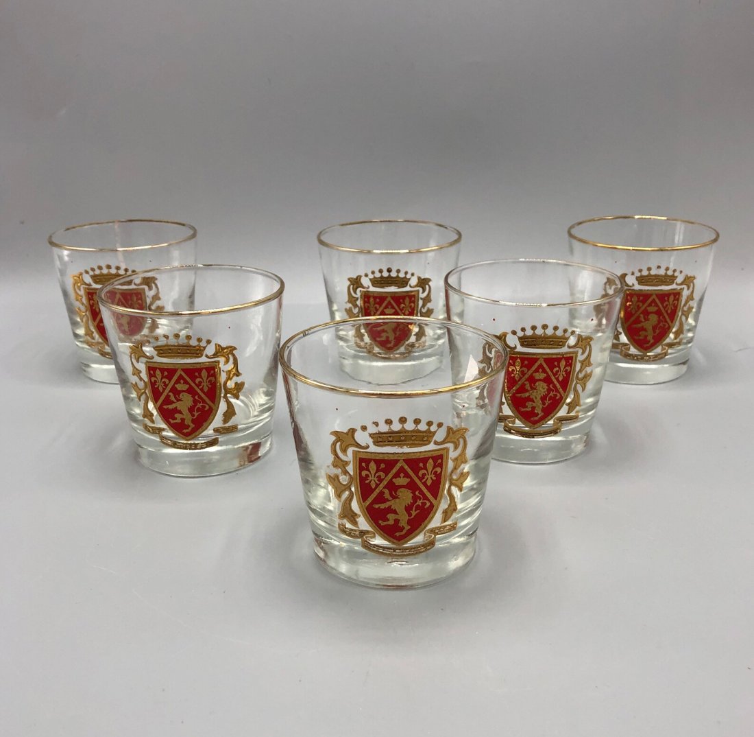 Mid century shot glasses set of six: Mid century shot glasses set of sixBase: 2.5 inches Height: inches: 3 inches Top Opening: 3 inches