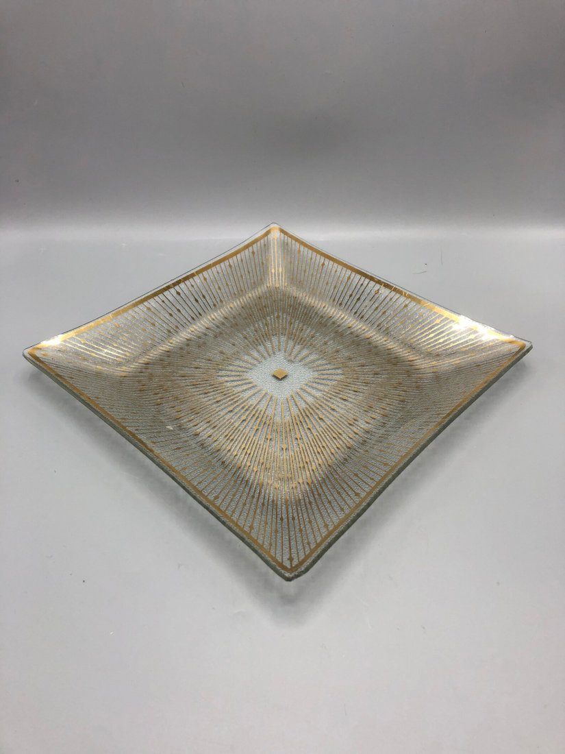 Mid century serving glass tray with gold detail signed (1 of 3)