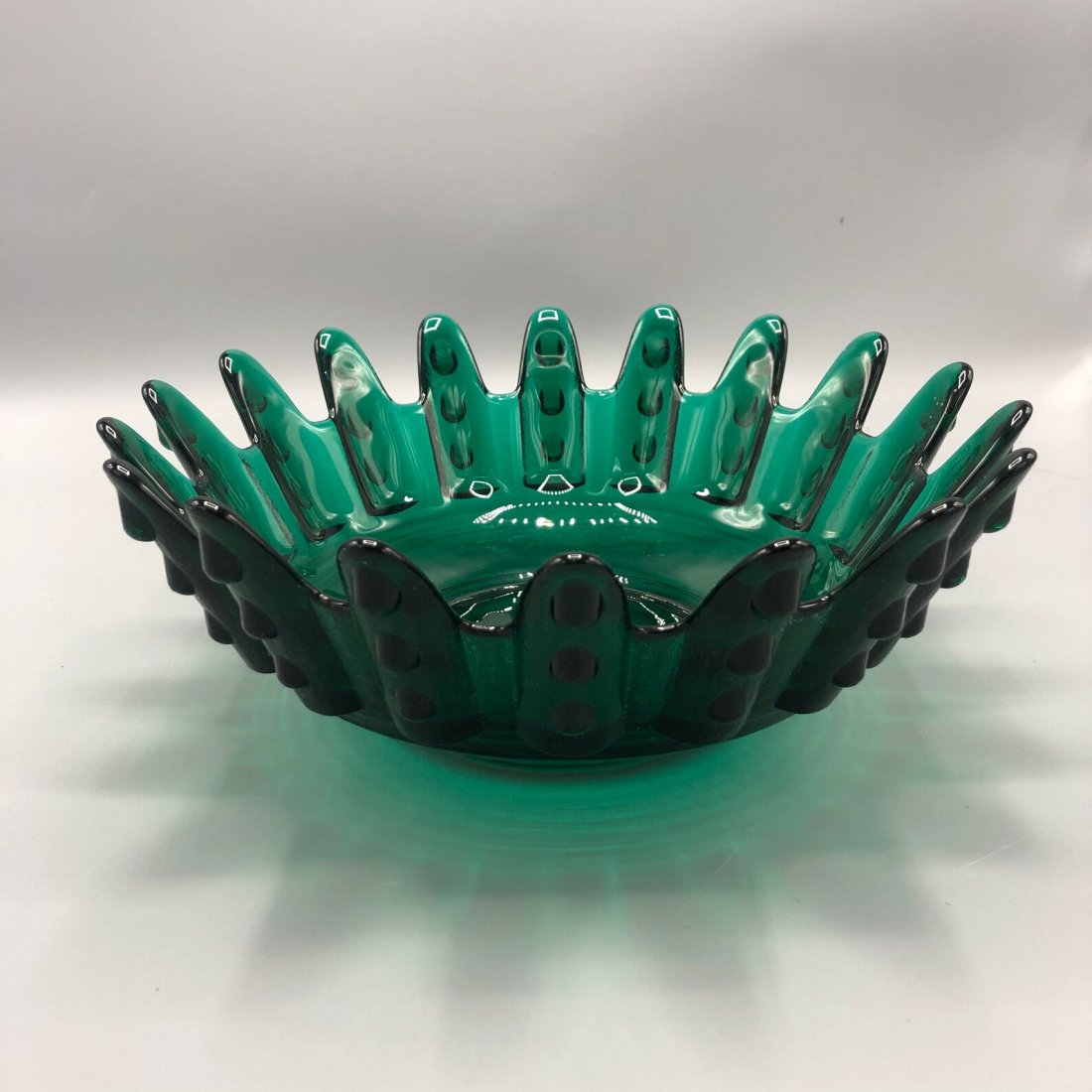 Mid century Italian hand blown green glass bowl signed: Mid century hand blown green glass bowl sign by Blenko 1960 CircaDimensions: W11.5 x 11.5 lx H4.5 inches