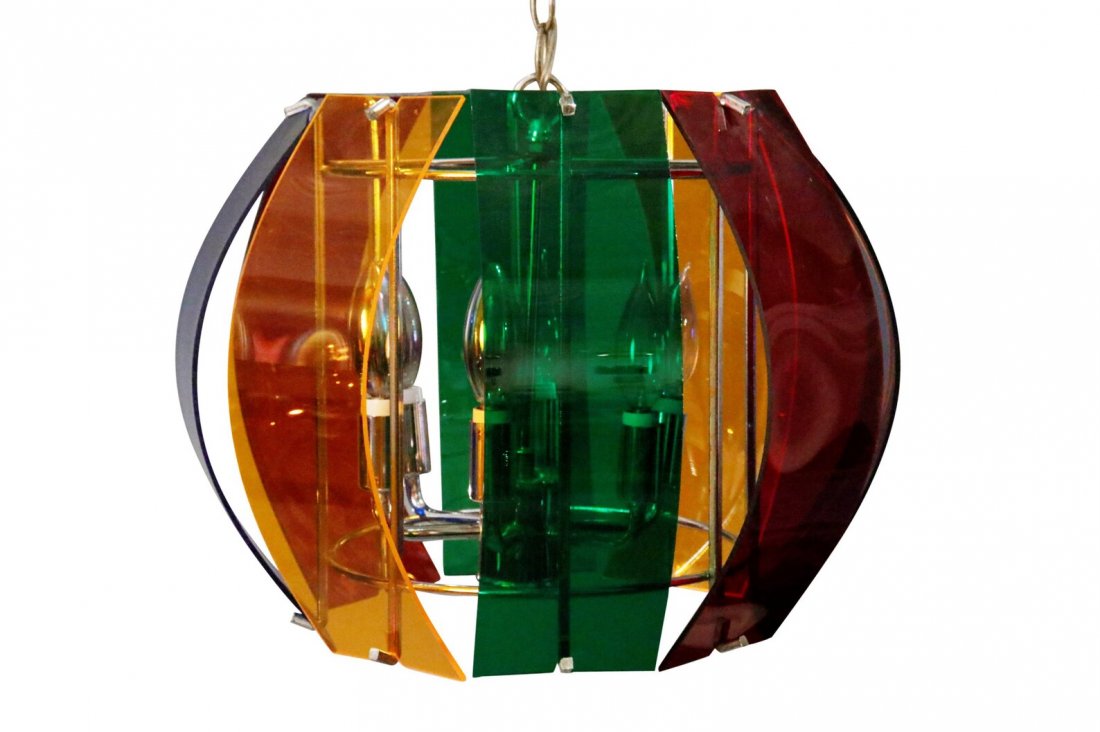 Mid-century multicolored Lucite chandelier 1970’s circa: Mid-century multicolored Lucite chandelier 1970Â’s circa Come with a metal brass chain.14 inches diameter (Center part