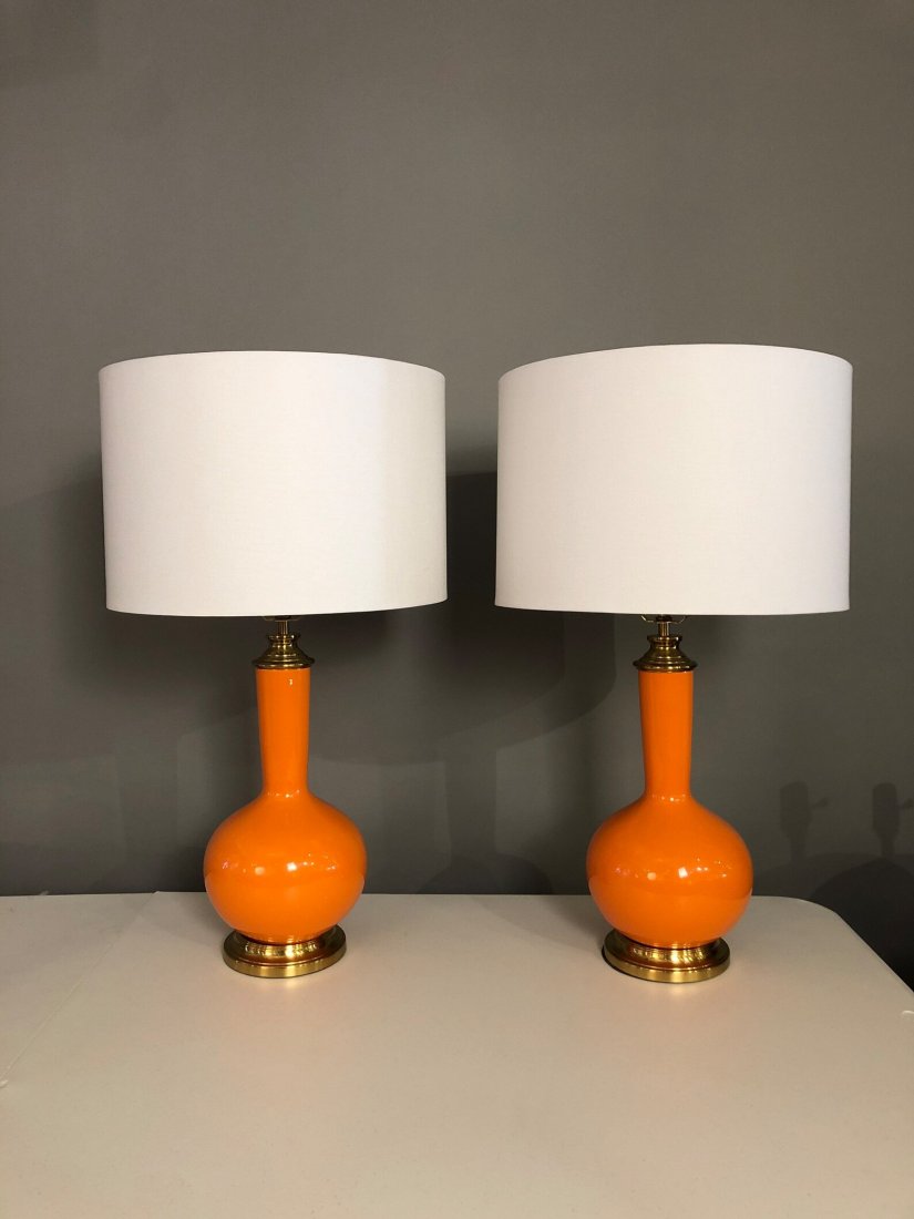 Mid century porcelain orange table lamps with brass (1 of 4)