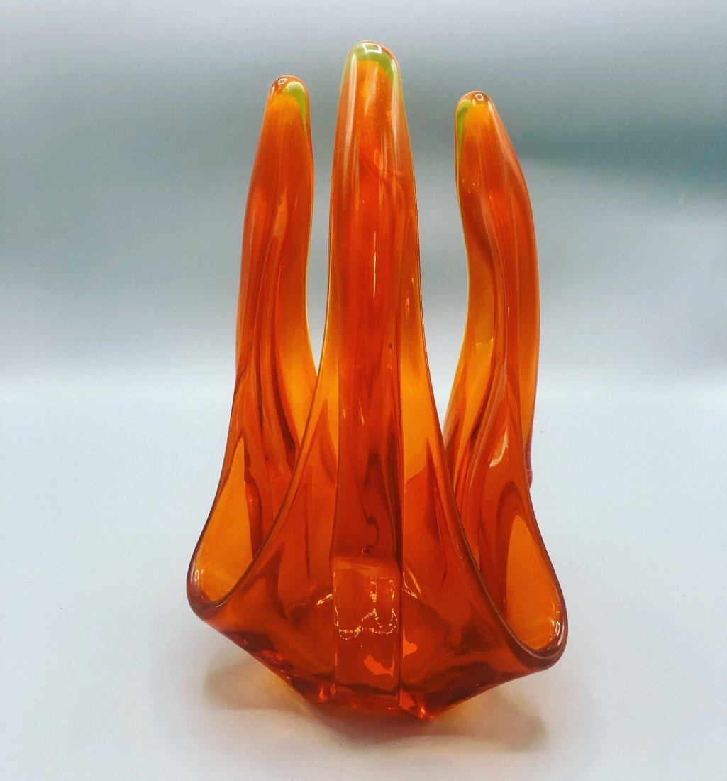 Mid-Century orange 3 arms sculpture glass Italian vase (1 of 3)