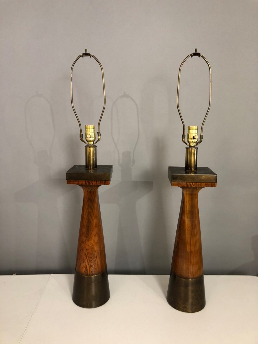 Mid-Century teak table lamps with brass ring 1970’s (1 of 3)