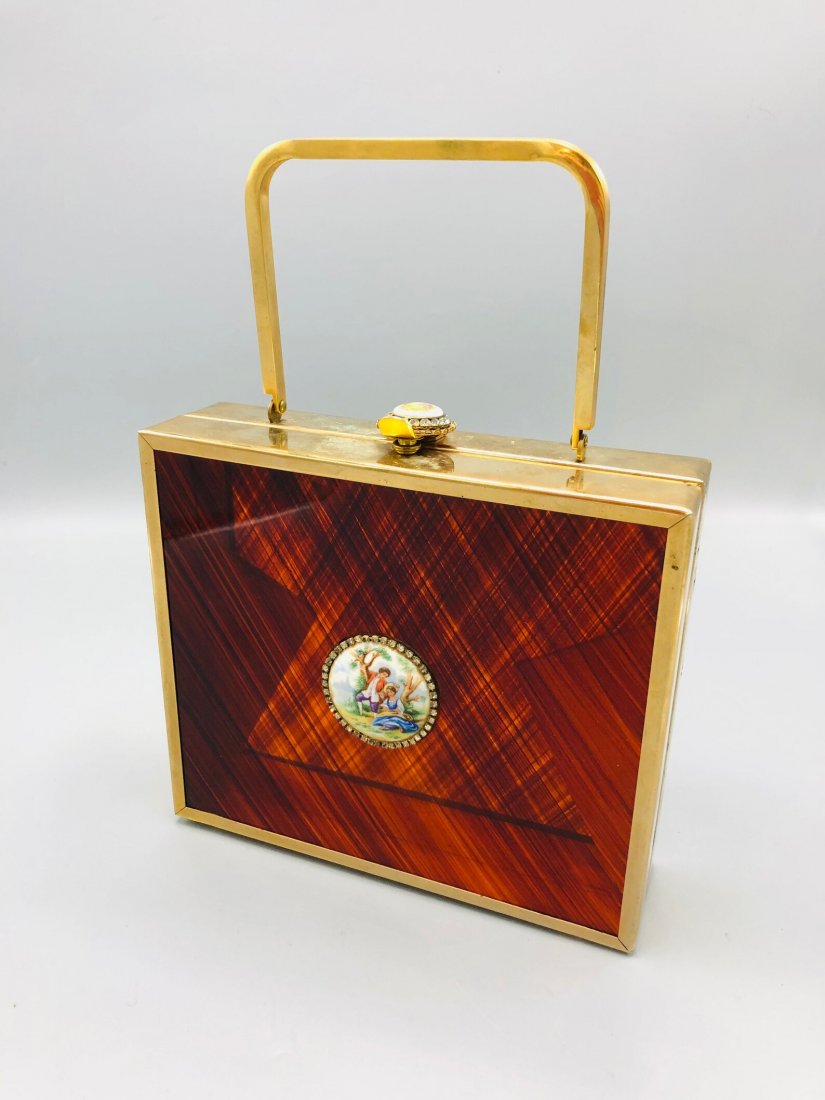 Transparent Striped Lucite Rhinestone Cameo Handbag: Rare One Of A Kind Elegant 1950s Tyrolean Of NY Transparent Striped Lucite Rhinestone Painted Cameo Tortoise Pocketbook BagRare One Of A Kind Antique 1940s Tyrolean Of NY Painted Cameo Lucite Pocketbo