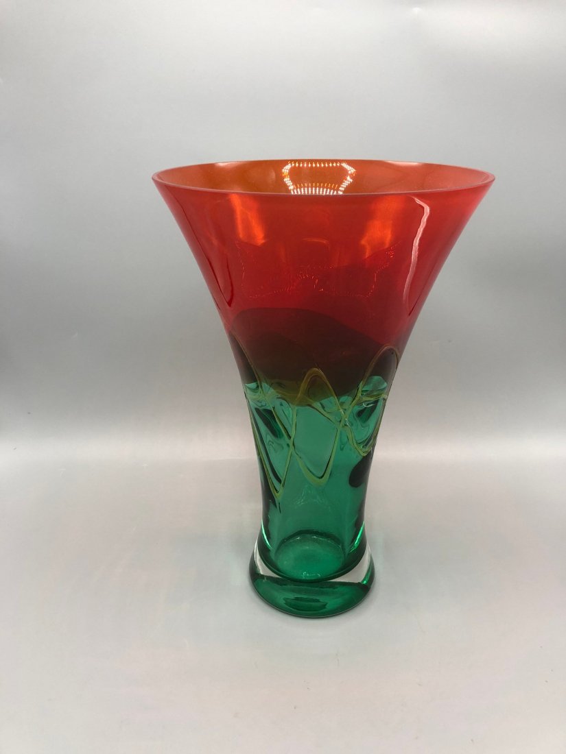 Mid Century Tall Italian handblown red & green vase (1 of 4)