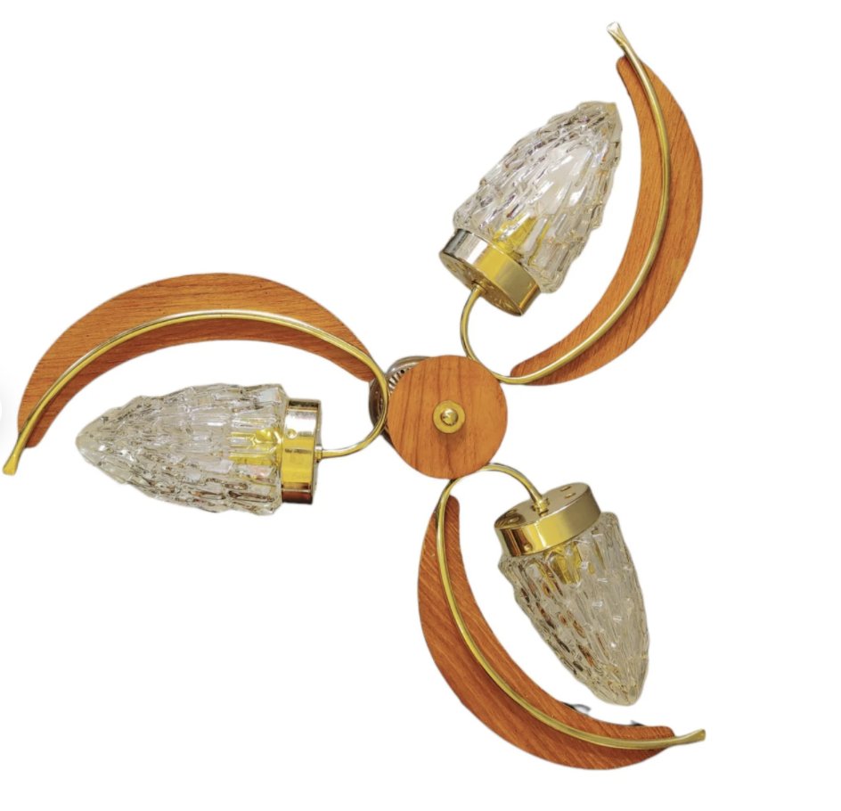 Thomas Industries Retro 3-Light Ceiling Pendant Light: Thomas Industries Retro 3-Light Ceiling Pendant Light/Chandelier 1960sMidcentury style pendant ceiling light with heavy "acorn" glass domes.3 "blades" are stationary and are made of teak wood with bra