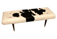 Mid-century modern curated bench with real cowhide