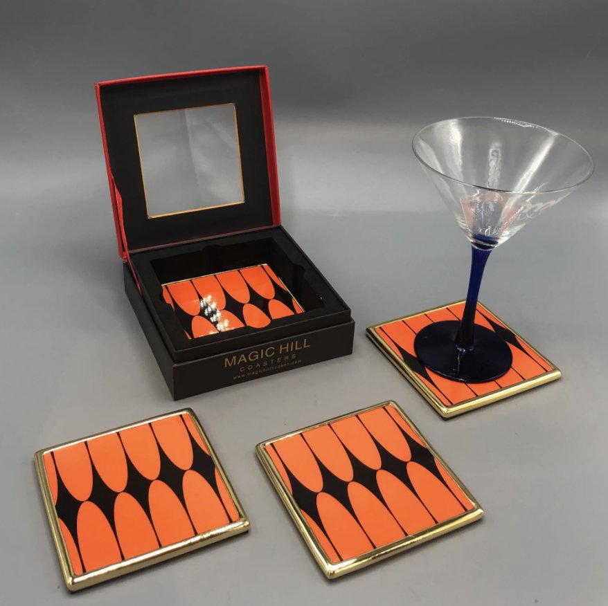 Handmade ceramic coasters orange brass trim and velvet (1 of 2)