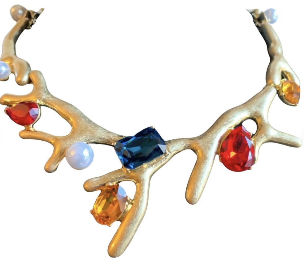 Oscar De La Renta Auth Signed Matte Gold Red Blue Stone (1 of 3)