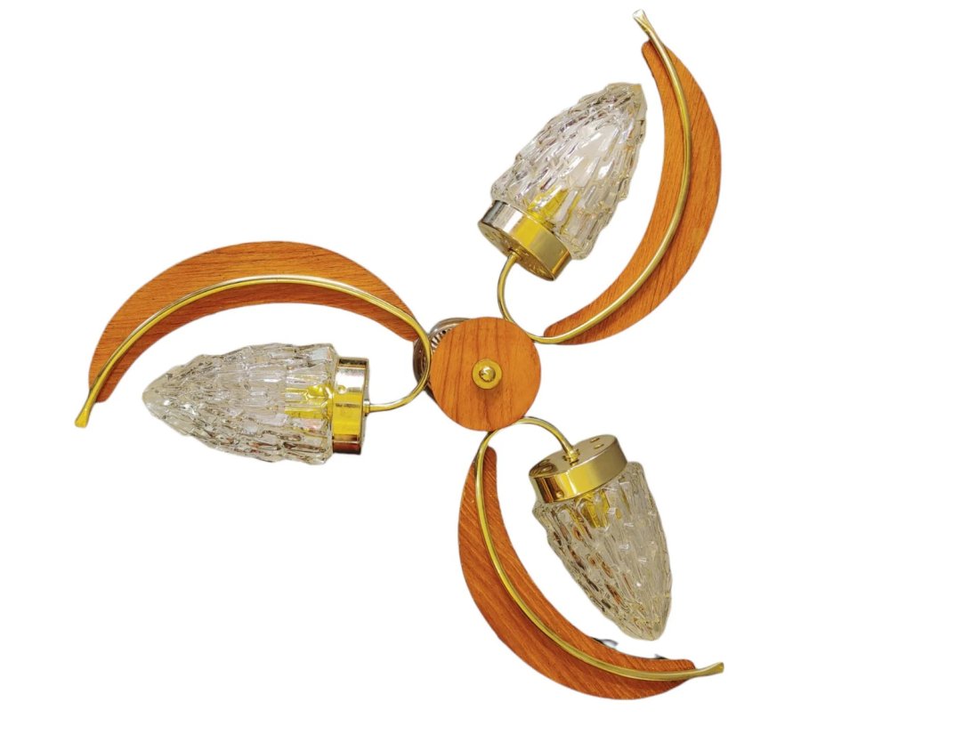 Thomas Industries Retro 3-Light Ceiling Pendant Light/Chandelier 1960s: Thomas Industries Retro 3-Light Ceiling Pendant Light/Chandelier 1960sMidcentury style pendant ceiling light with heavy "acorn" glass domes.3 "blades" are stationary and are made of teak wood with bra