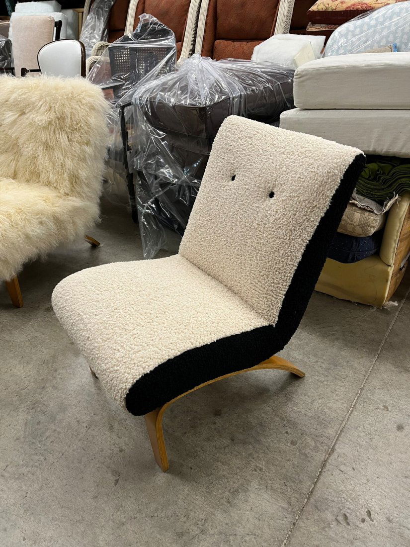 Russel Wright Mid Century Modern curated lounge chair with Two-Tone BouclÃ© New upholstery.: Russel Wright Mid Century Modern curated lounge chair with Two-Tone BouclÃ© New upholstery. Mid Century Modern Two-Tone BouclÃ© LoungerExcellent Refurbished Vintage Condition! Reupholstered in com