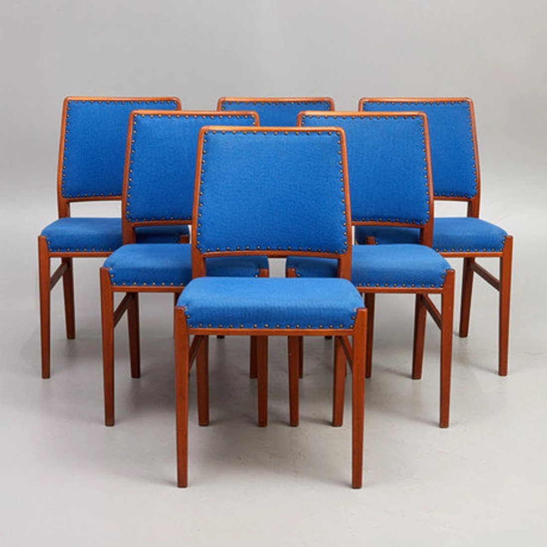1950â€™s Set of 6 Mid Century Dining Chairs in Original Blue Upholstery (1 of 4)