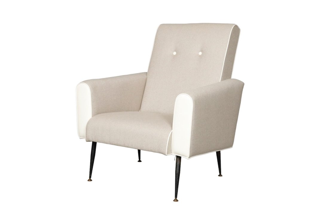 Italian Mid Century Lounge Chair in Curated New Upholstery: An Italian mid century modern lounge chair. New upholstery throughout with curated Holly Hunt Gray wool & white leather.Dimensions: W28” x D32” x H34” Seat height: 15”