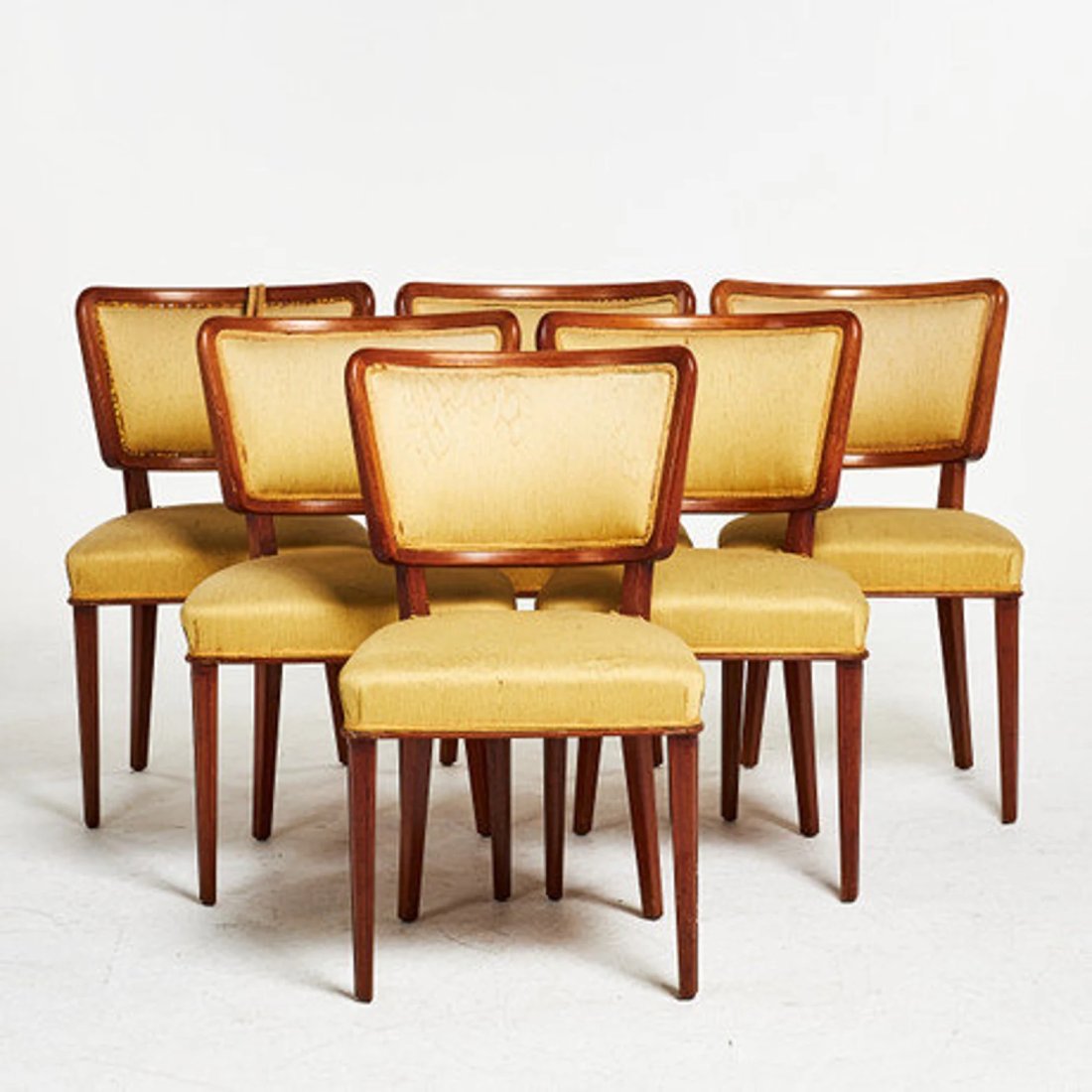 1930s mahogany veneer, padded textile upholstery in yellow. Furniture - Armchairs & Chair set of 6: CHAIRS, 6 pcs., 1930s/40s, mahogany veneer, padded textile upholstery in yellow. Furniture - Armchairs & Chairs