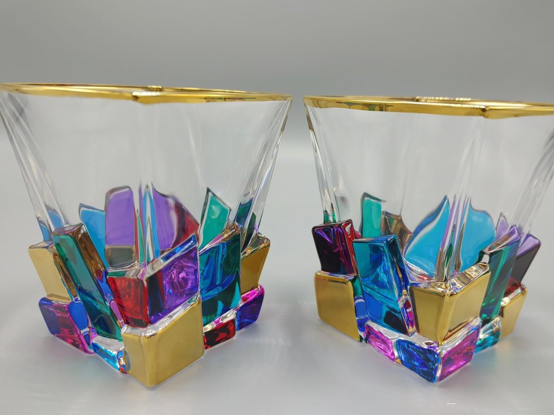 Luxe MURANO Italian Crystal 24k Gold Hand Painted Mondrian Whiskey Glasses TWO (1 of 5)