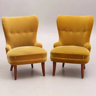 Art Deco EMMA ARMCHAIRS, a pair, 1900s.: Art deco Pair lounge chairs with originally mohair green Upholstry 1900â€™s circa Arm to Arm: 23 inches Depth: 21 inches High back: 32 inches Seat height: 16 inches Arms height: 16 inches