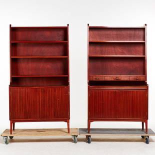 BOOKSHELVES, 2 pcs, with cabinet part, mid-20th century, teak, one shelf with pull-out top.: BOOKSHELVES, 2 pcs, with cabinet part, mid-20th century, teak, one shelf with pull-out top.