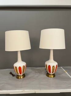 Mid-Century Glass orange and gold table lamps pair 1960s: Mid-Century Glass orange and gold table lamps pair 1960s Base: 6” inches Overall height with shades: 28” inches Largest point of lamp 8” inches diameter