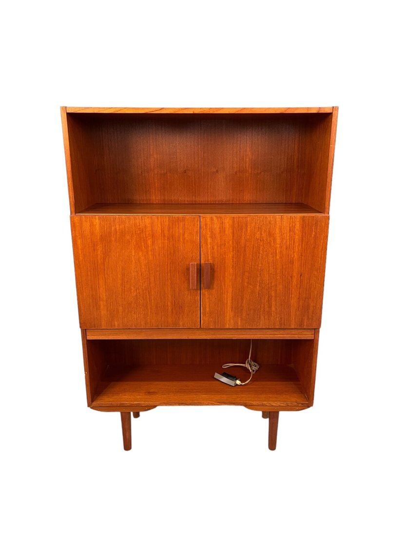 Bookcase with lighting: Teak bookcase with middle cupboard and lower shelf with lighting Dimensions; W34 x D12 x H51 inches