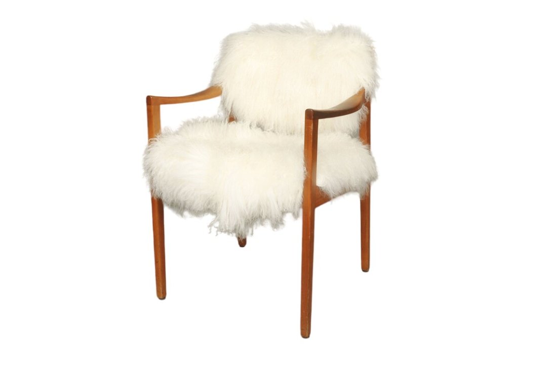 Mid-Century Teak arm chair with Mongolian fur: Dimensions:W23 x D21 x H30 inches Arms height: 25 inches Seat height: 18 inches, Mid-Century Teak arm chair with Mongolian fur Condition:Completely restored, like new