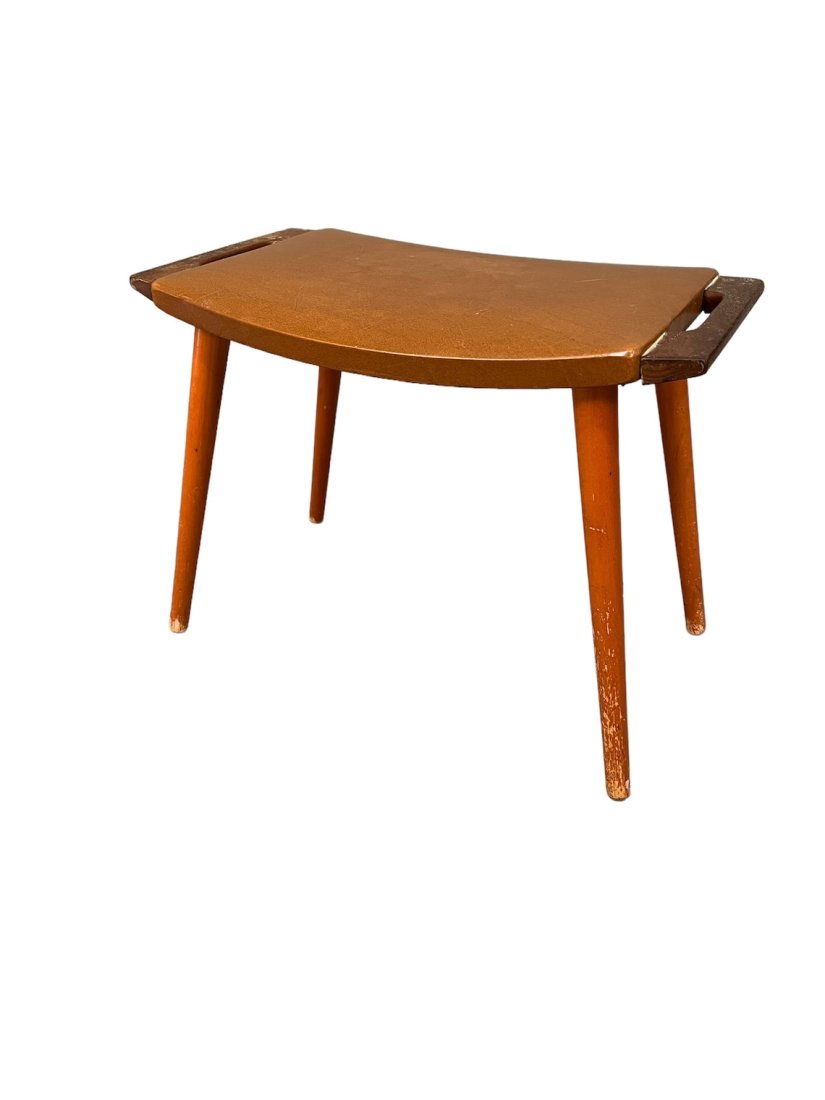 Mid-Century teak ottoman with leather: W20 x D12 x H15.5 inchesMid-Century ottoman with brown original leather.