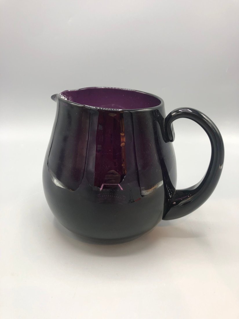 Blenko Glass Co.: Dark Violet optic pitcher with applied handle design by Winslow Anderson, (1 of 4)