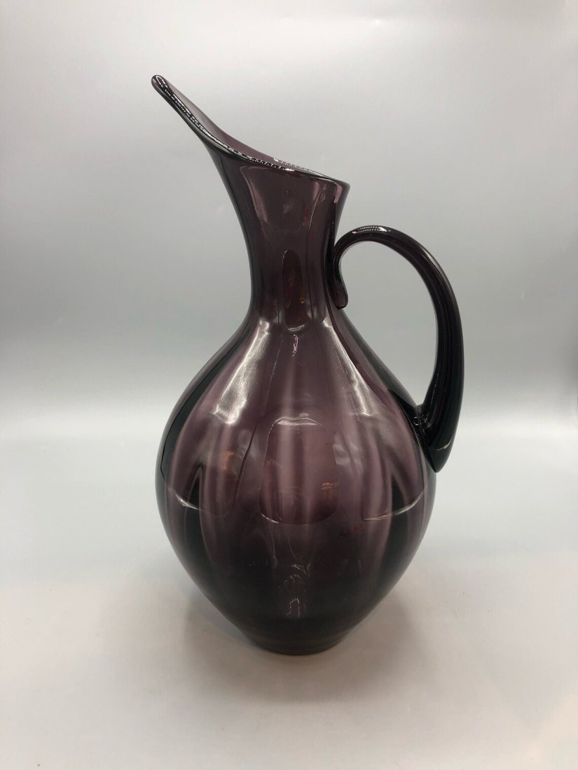 Blenko Glass Co.: Violet optic pitcher with applied handle, No. 991, design by Winslow Anderson, 14" (1 of 6)