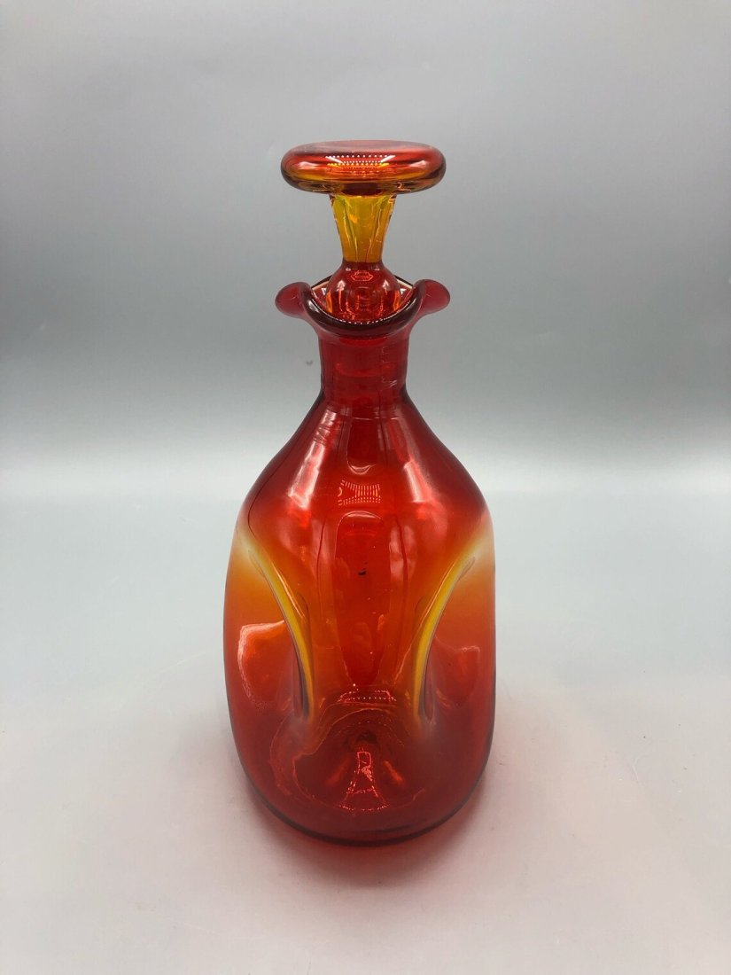 pinch bottle art glass decanter with ruffled top and stopper, No. 49; crackle tangergine, 10 1/2"H (1 of 5)