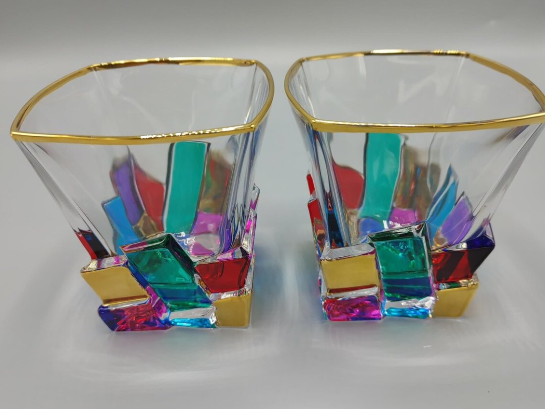 Luxe MURANO Italian Crystal 24k Gold Hand Painted Mondrian Whiskey Glasses- SET OF 2! (1 of 6)