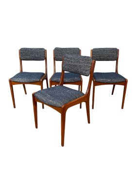 Curated Mid-Century danish teak dining chairs set of 4 with new tweated navy blue upholstery. super