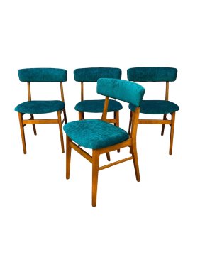 Mid Century danish teak, dining chairs set of 4 with new blue teal velvet Upholstery. 1960’s