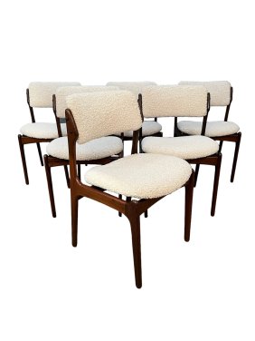 Curated Mid-Century danish rosewood dining chairs set of 6 with new boucle cotton upholstery.  super