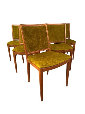 Curated Mid-Century danish teak dining chairs set of 6 1960’s with brand new Upholstery green